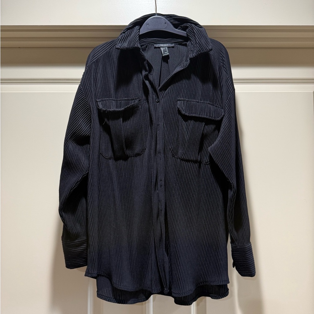 Forever 21 Black Ribbed Button-Front Shirt Jacket
